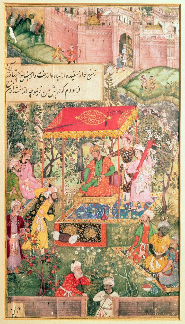 El emperador mogol Babur recibe a los enviados Uzbeg y Rauput en el jardín de Agra el 18 de diciembre de 1528, el emperador se sienta en un trono bajo un dosel; las fortificaciones de Agra están en el fondo de Indian School