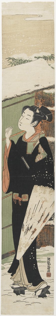 Joven en una puerta como un Mitate de la obra de Kabuki Versión femenina del árbol en maceta, 1770-1775 de Isoda Koryusai