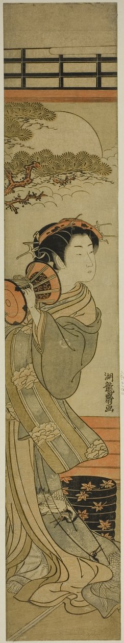 Cortesana tocando un tambor de mano de Isoda Koryusai