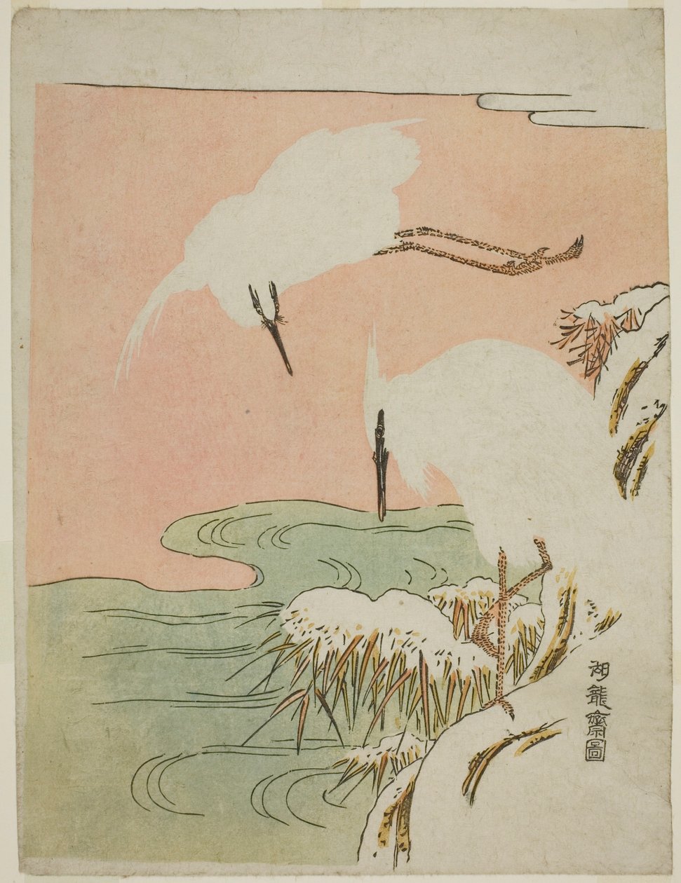Dos garzas en la nieve de Isoda Koryusai