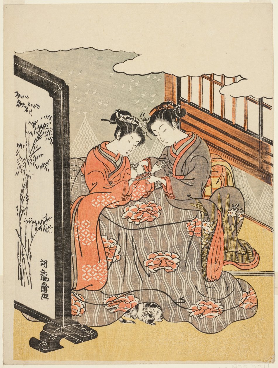 Dos jóvenes jugando a la cuna del gato de Isoda Koryusai