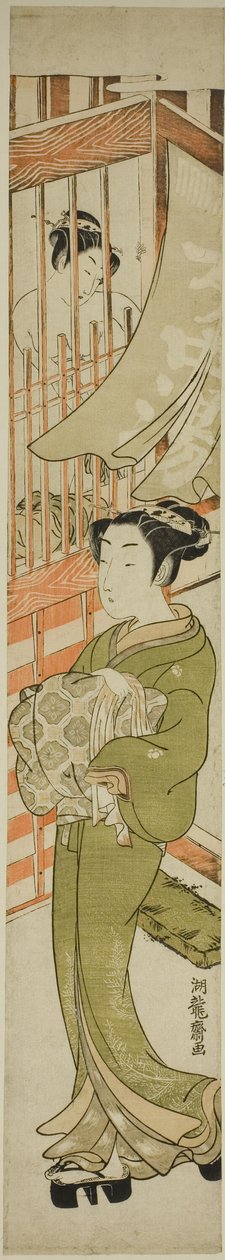 Joven mujer saliendo de una casa de baños de Isoda Koryusai