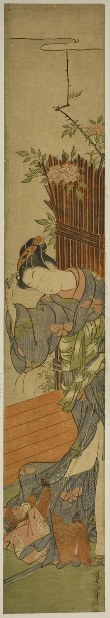 Joven mujer con mono mascota de Isoda Koryusai