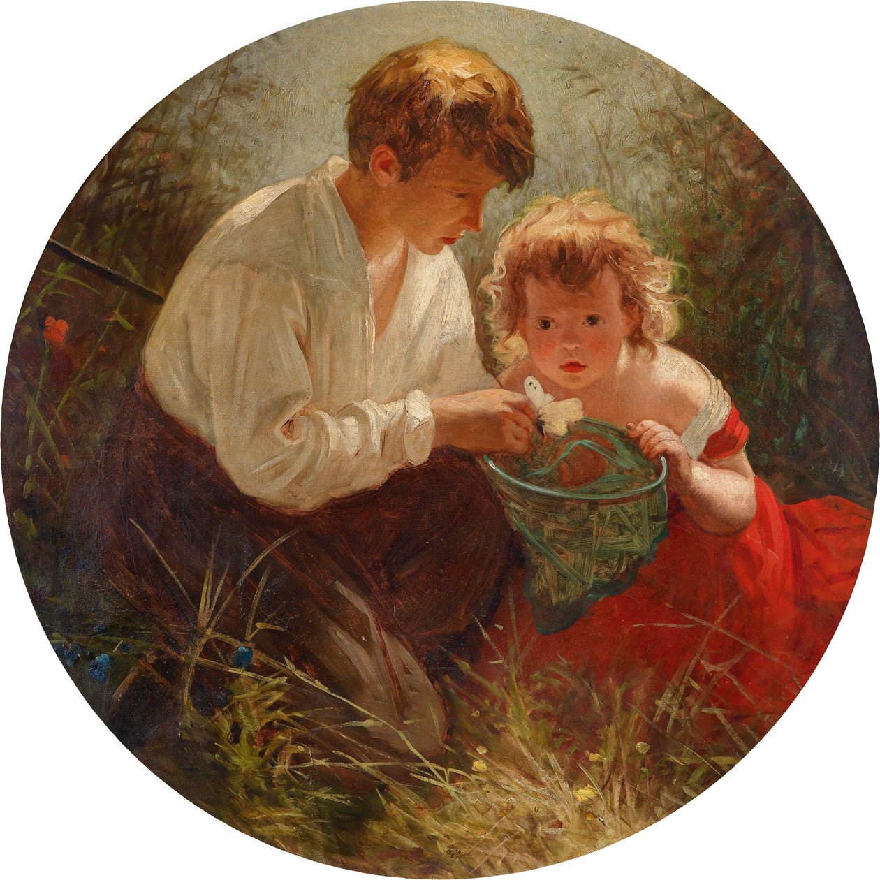 Un hermano y una hermana cazando mariposas de Italian School