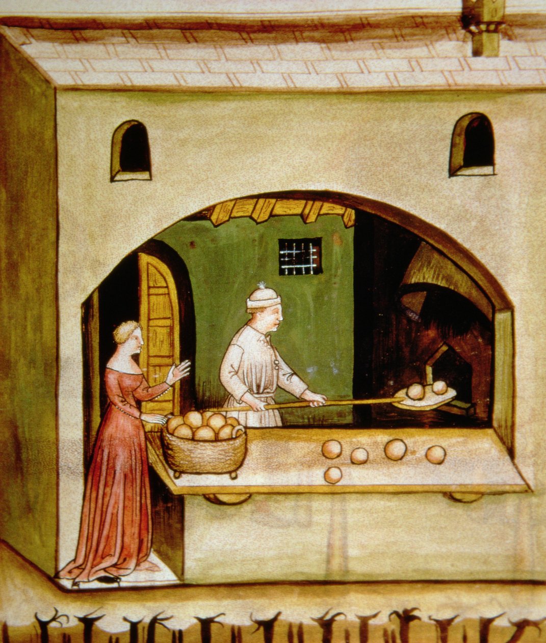 Horneando pan blanco, ilustración de Tacuinum Sanitatis Codex Vindobonensis de Italian School