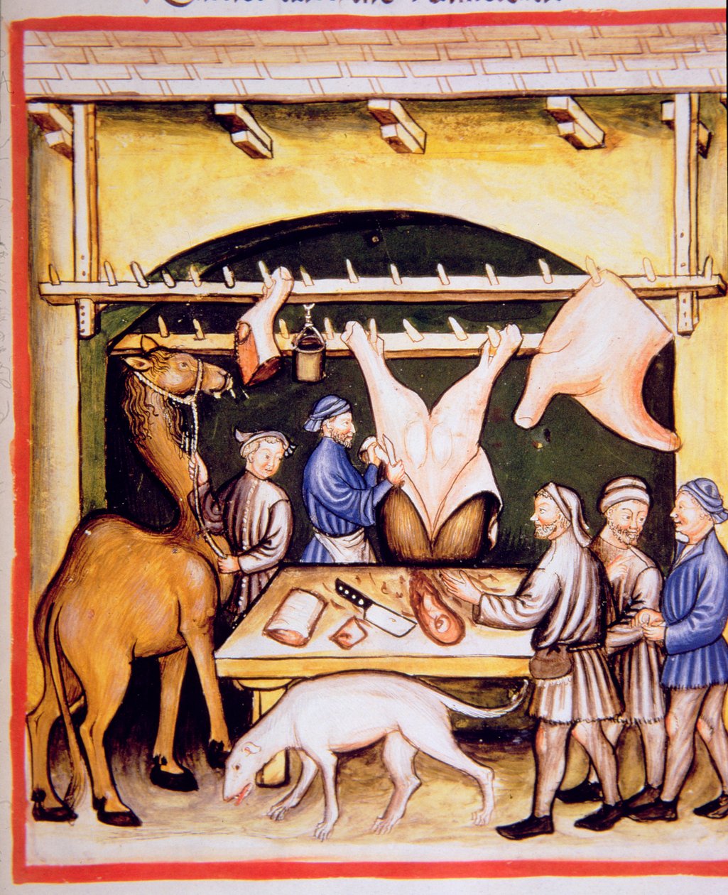Los carniceros: La carne de vacas y camellos, ilustración de Tacuinum Sanitatis Codex Vindobonensis de Italian School
