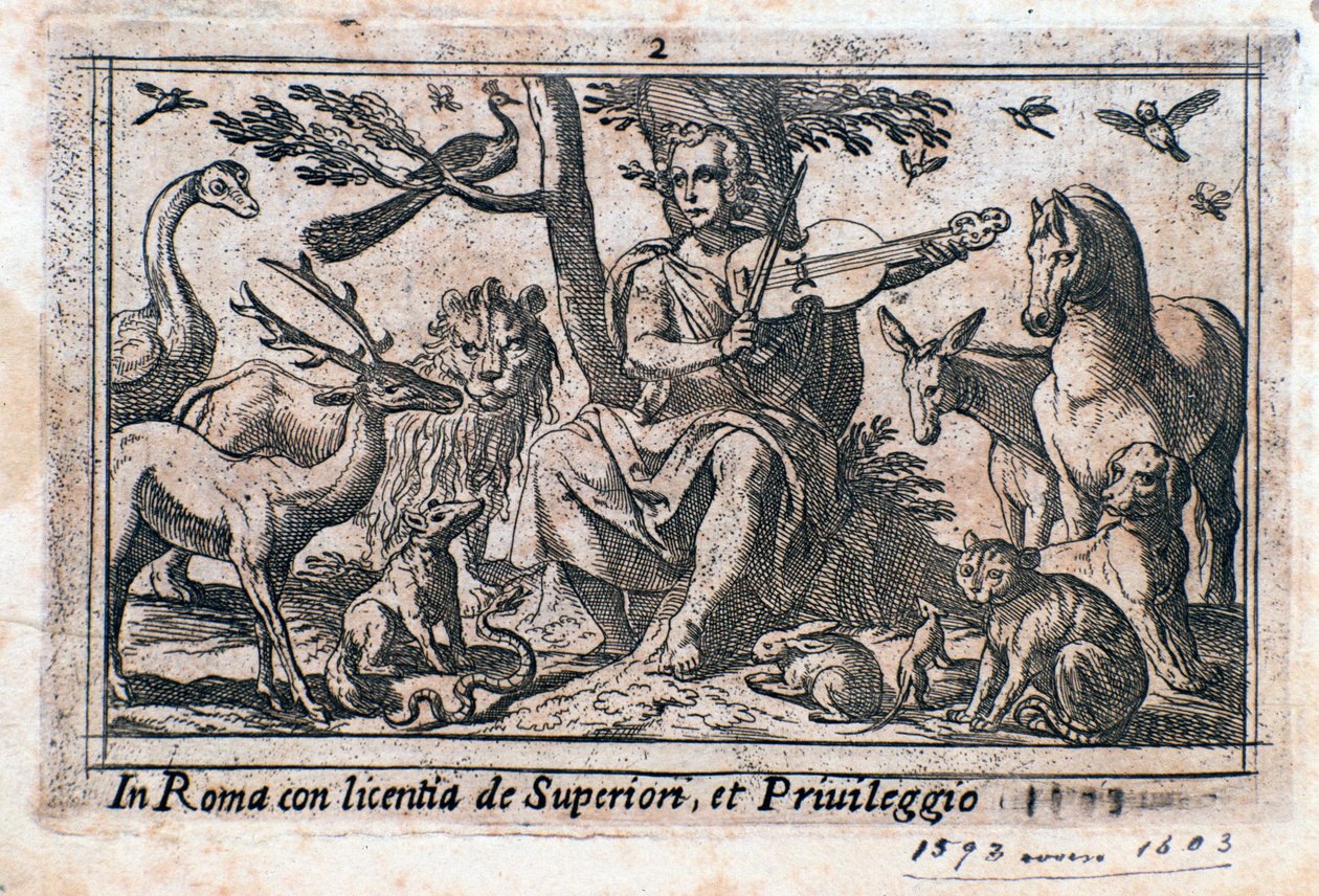 Orfeo tocando entre animales de Italian School