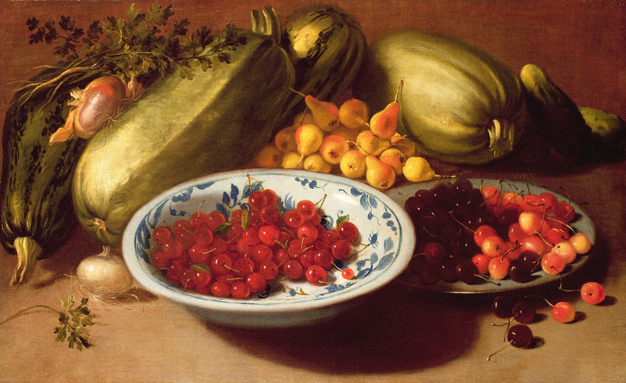 Bodegón de Cerezas, Calabacines y Peras de Italian School
