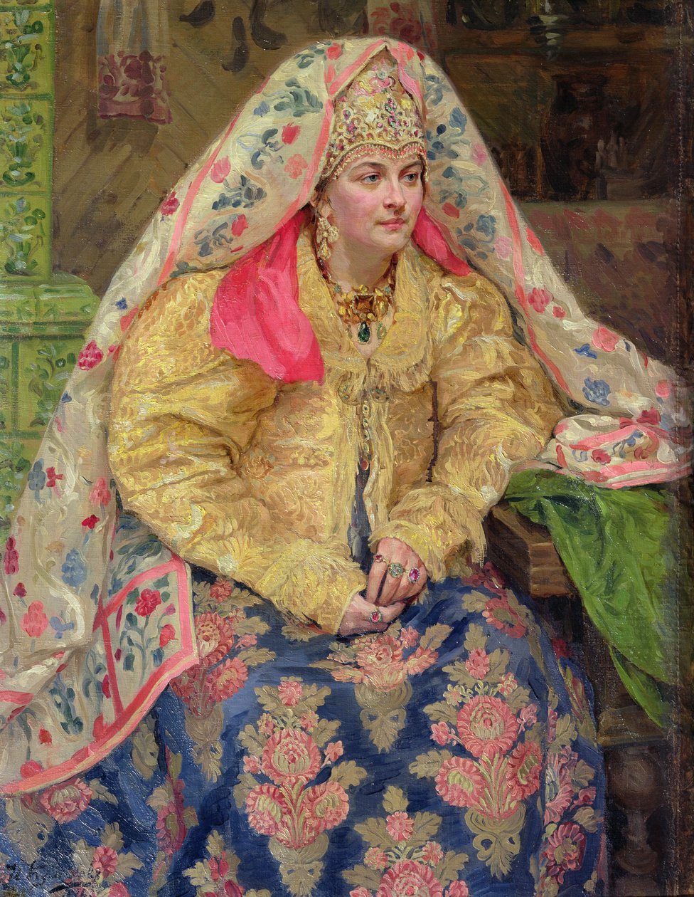 Mujer con vestido ruso antiguo, 1916 de Ivan Semyonovich Kulikov