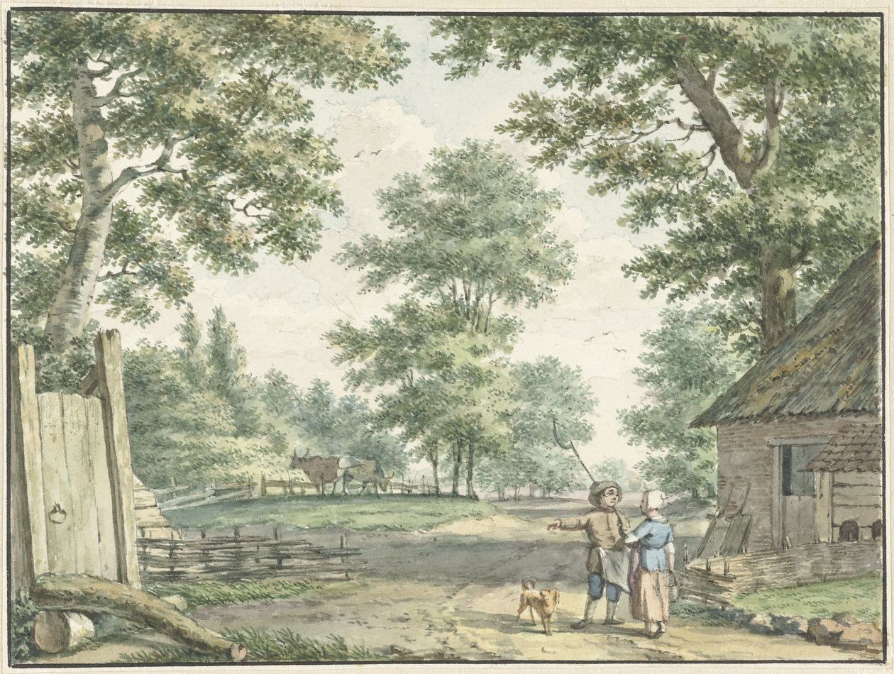 Paisaje con dos personas cerca de una granja de Izaak Schmidt