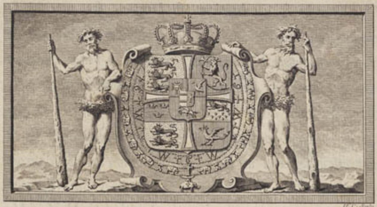 El escudo danés con los hombres salvajes como portadores del escudo de J.F. Clemens