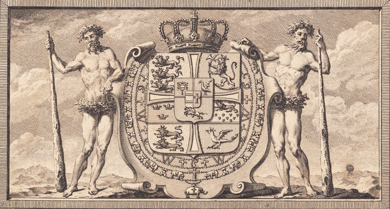El escudo danés con los hombres salvajes como portadores del escudo de J.F. Clemens