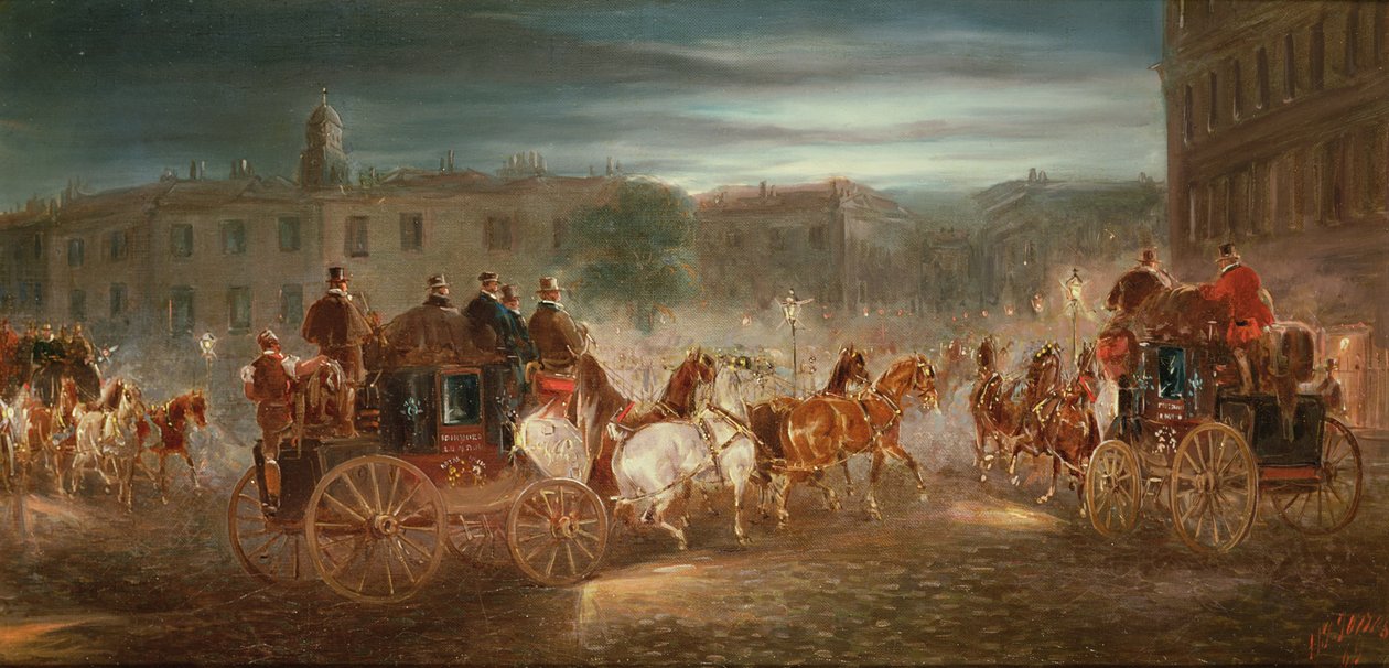 Escena de carruajes al atardecer en una ciudad de J.J. Jones