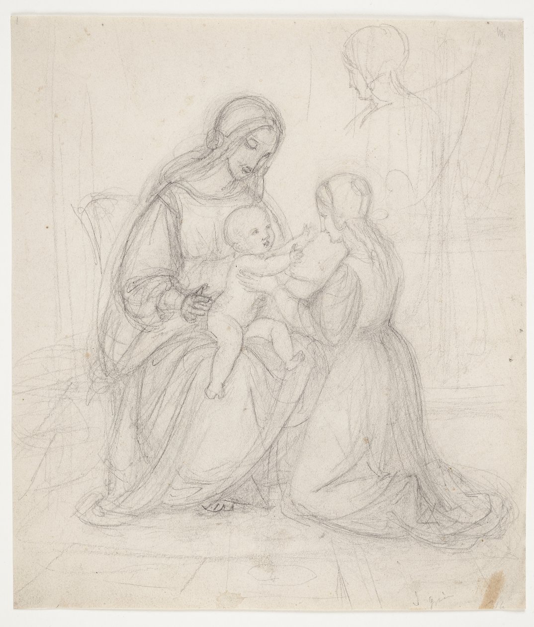 Madonna sentada con niño y mujer arrodillada de J.L. Lund
