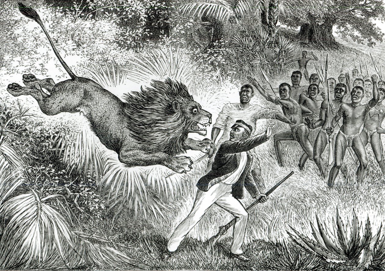 Livingstone atacado por un león de J.M. Cobner