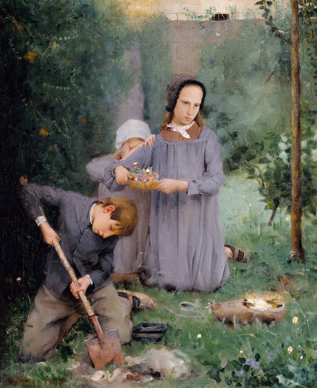 Niños enterrando un pájaro de J. Alden Weir