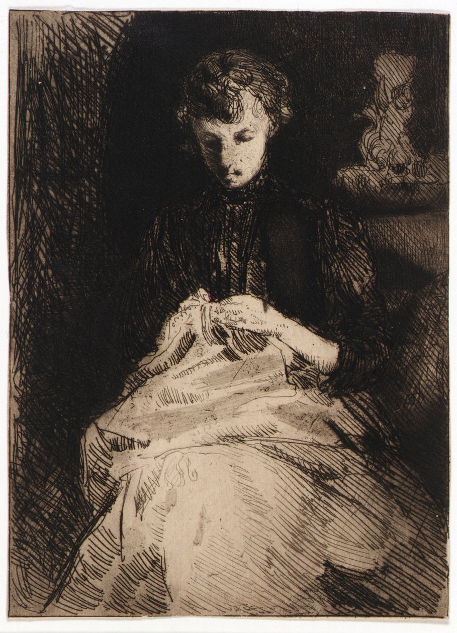 Mujer sentada cosiendo de J. Alden Weir