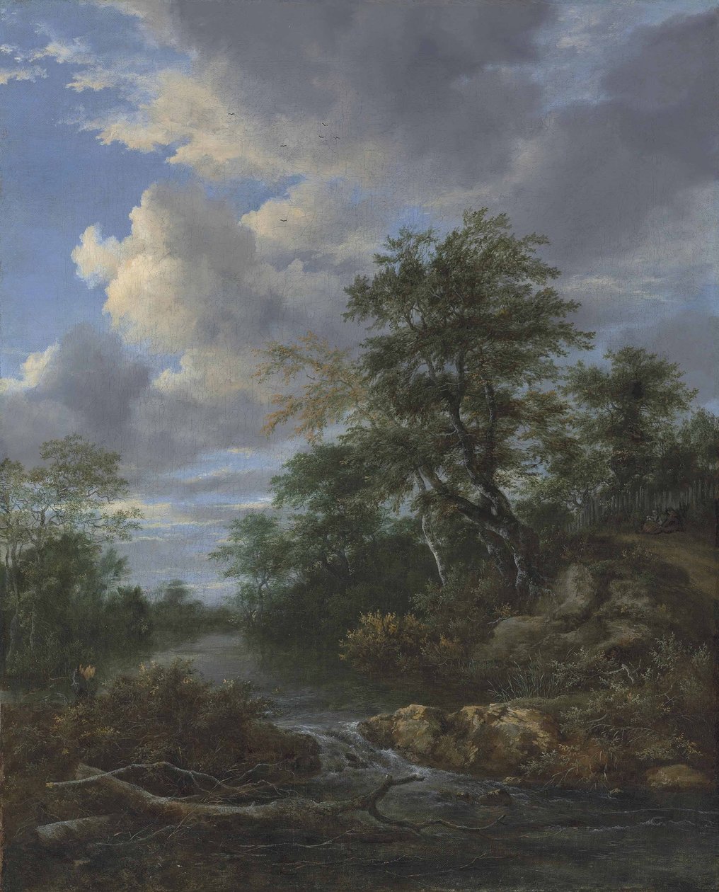 Paisaje fluvial boscoso con una familia descansando en un sendero de Jacob van Ruisdael