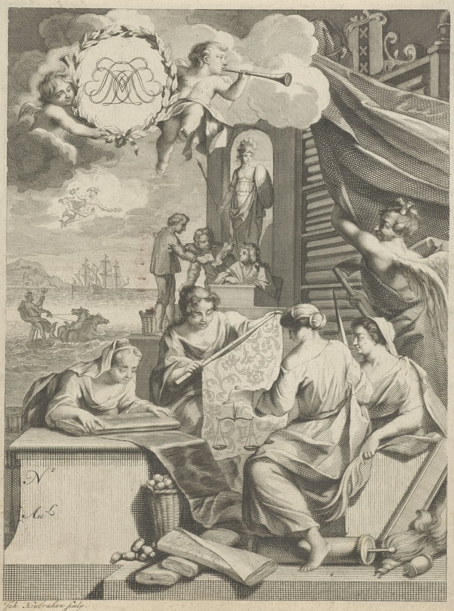 Comercio de seda y figuras alegóricas de Jacob Houbraken