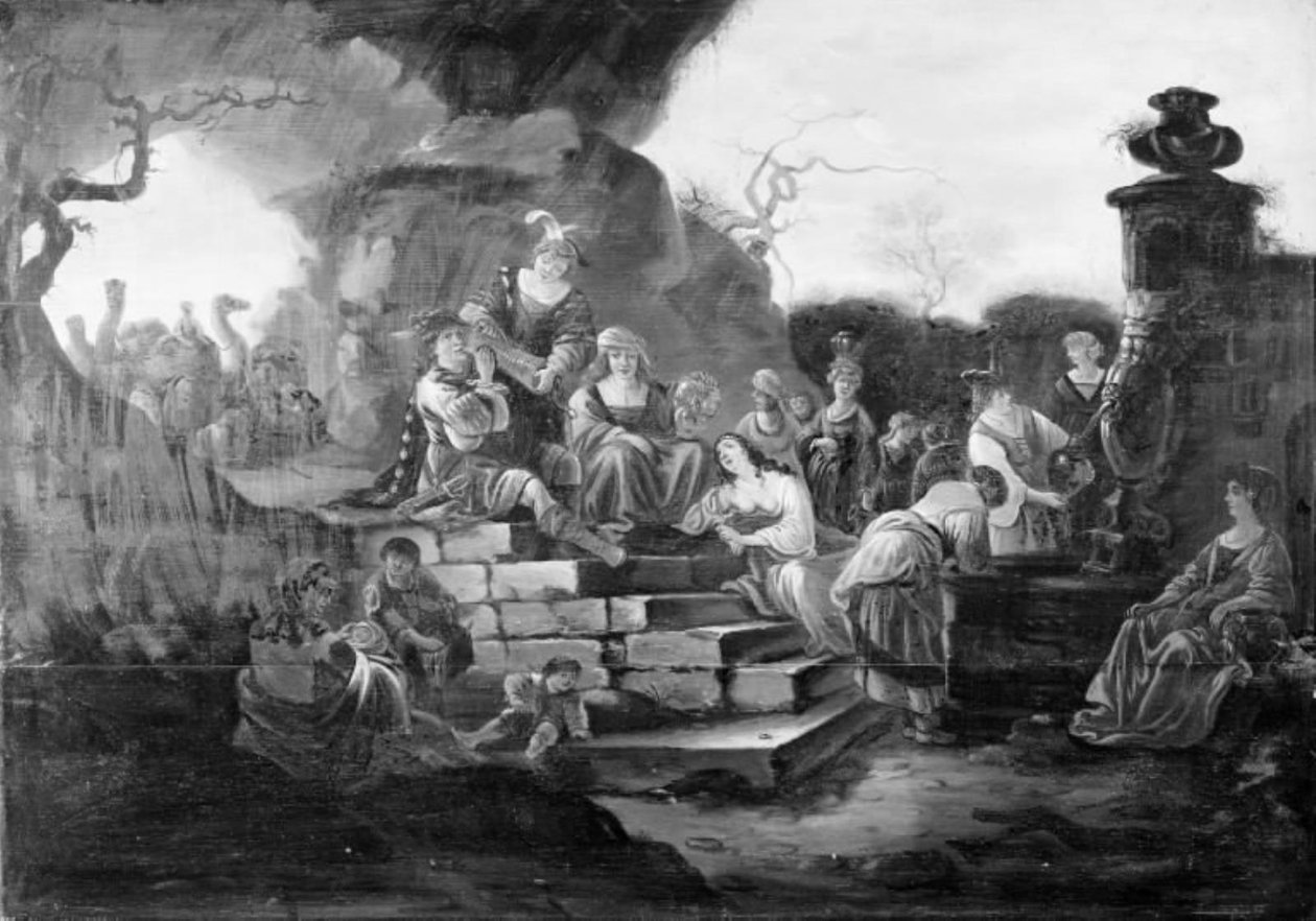 Compañía alegre junto a una fuente de Jacob de Wet d.Æ.