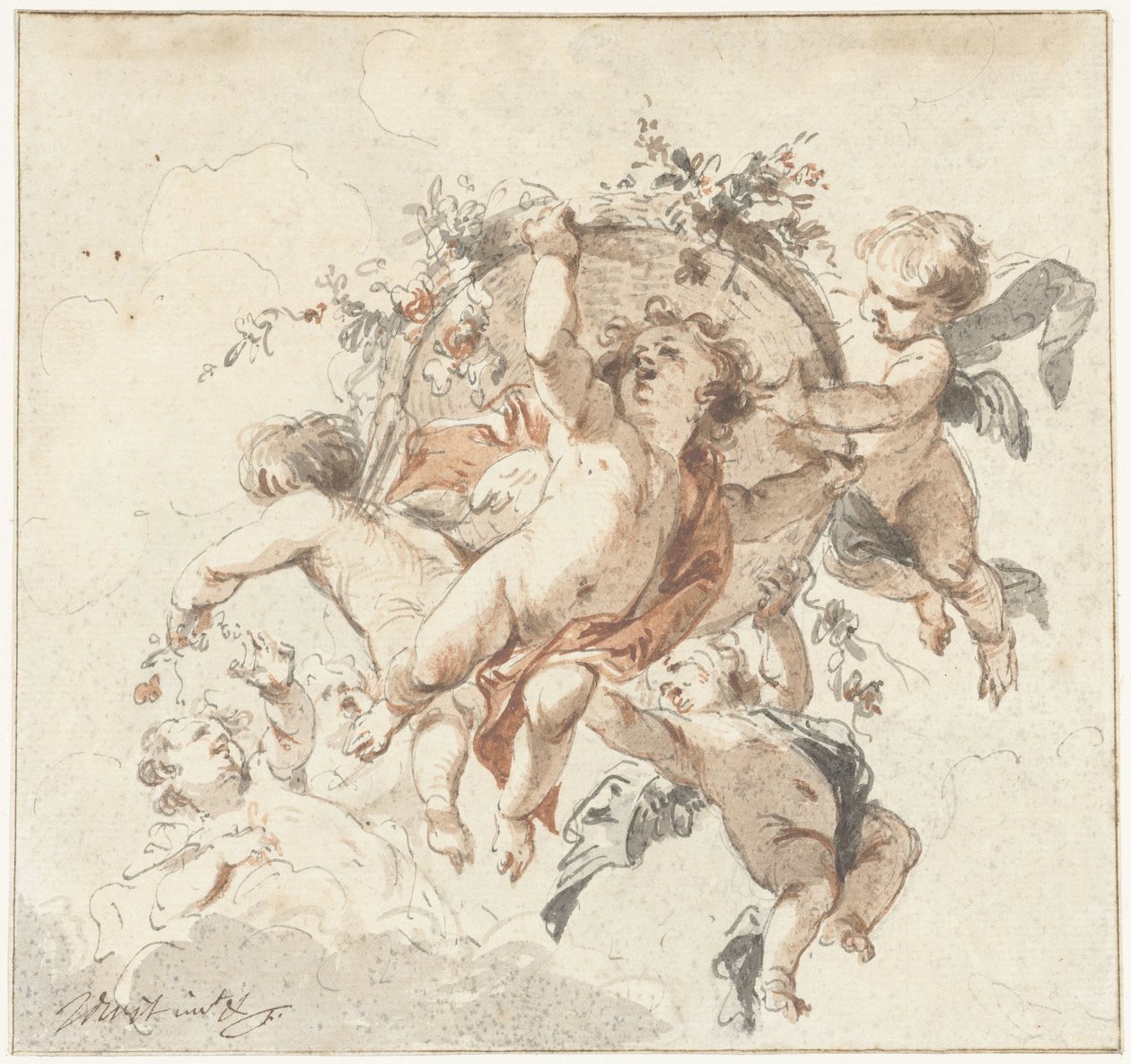 Querubines flotantes con una cesta de flores de Jacob de Wit