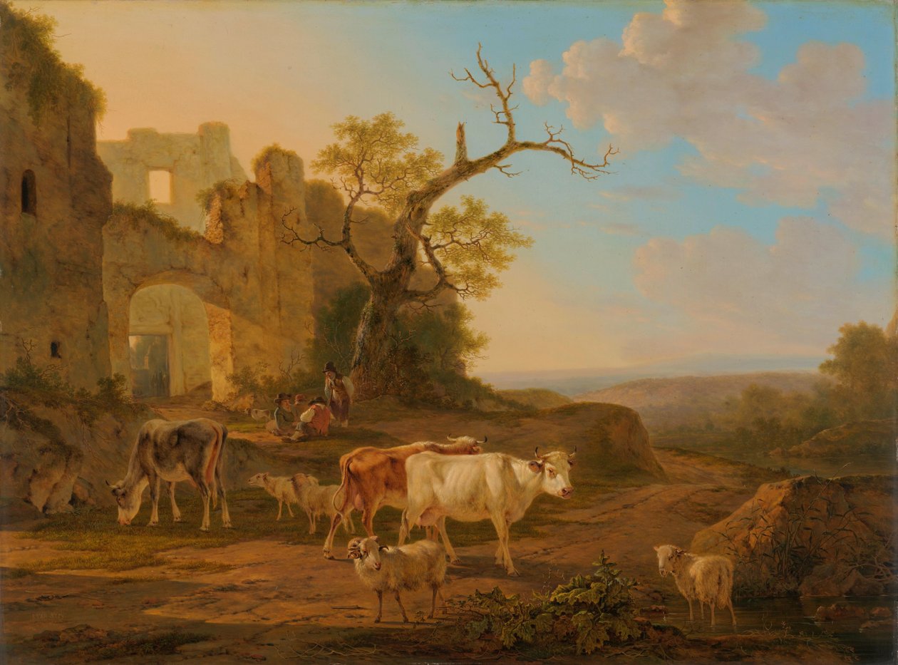 Paisaje con vacas cerca de una ruina de Jacob van Strij