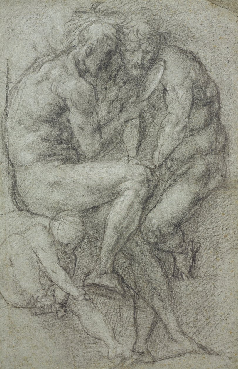 Estudios de desnudos (dos hombres, sentados, mirando en un espejo, y un niño sentado) de Jacopo Carucci