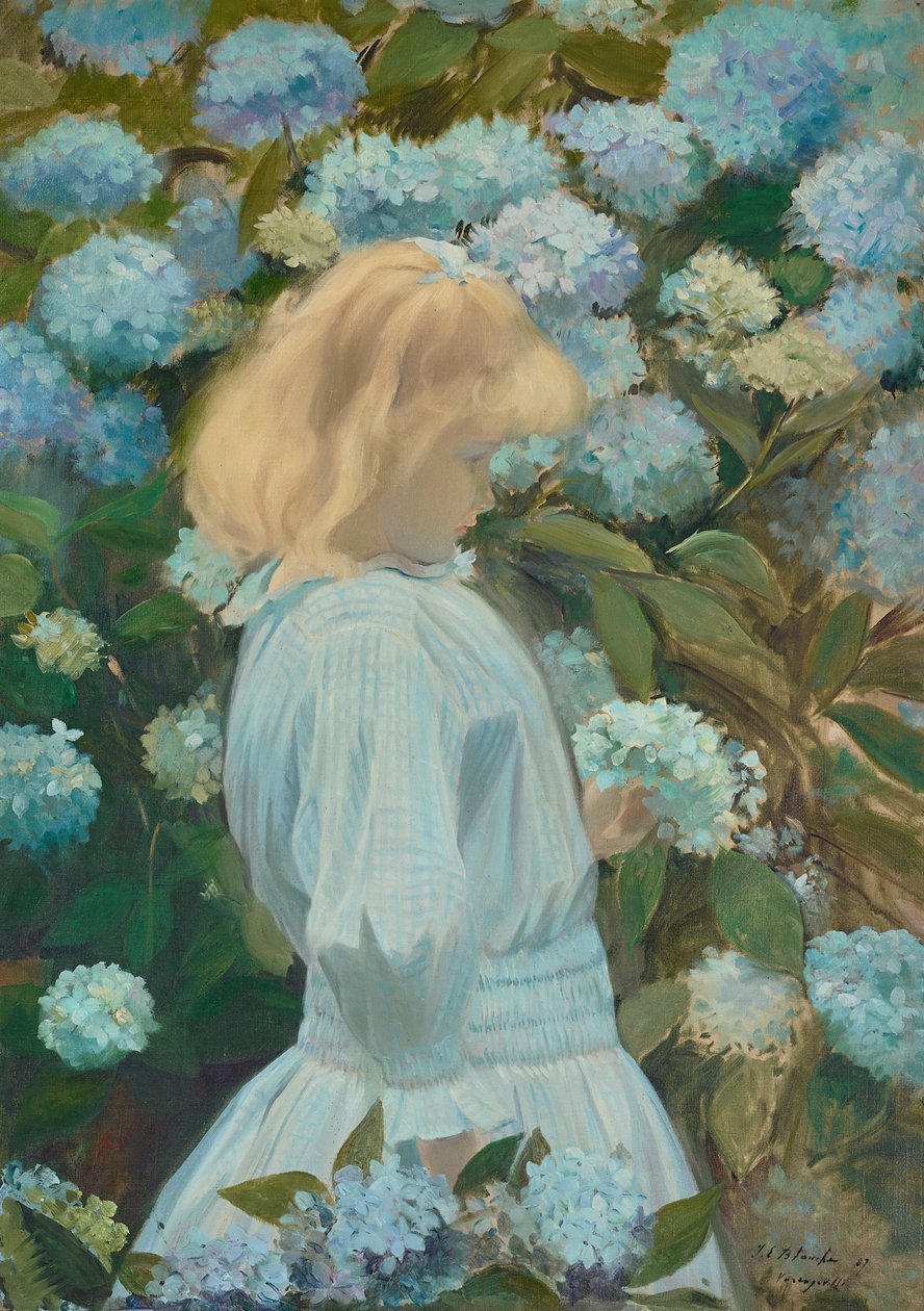 Chica joven con hortensias de Jacques Emile Blanche