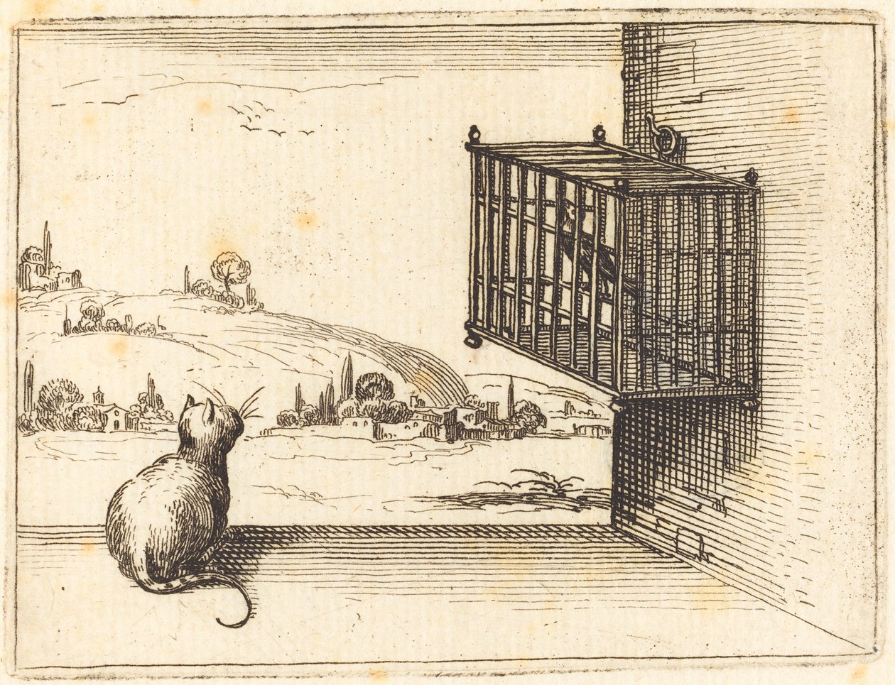 Gato observando pájaro enjaulado de Jacques Callot