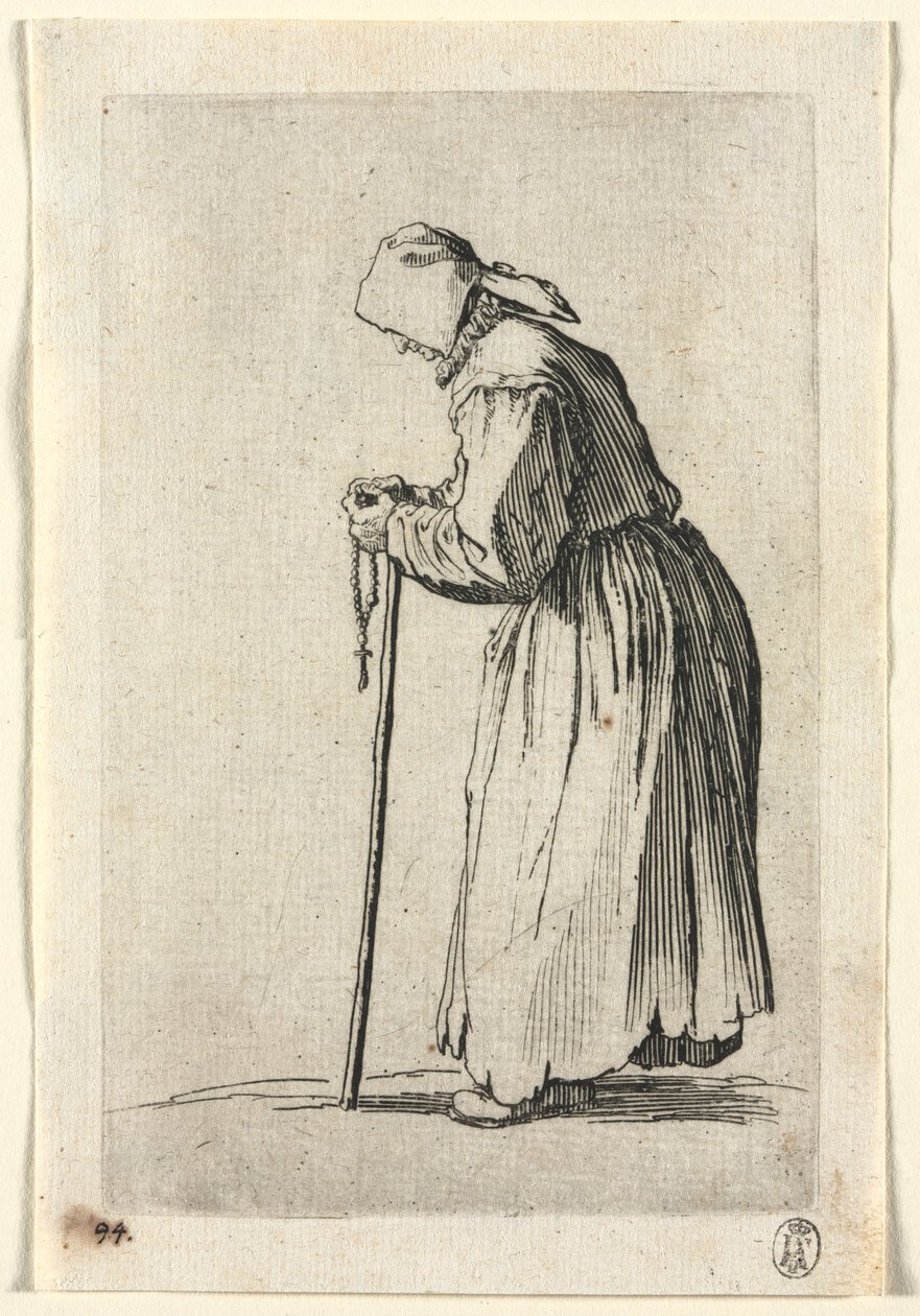 Los mendigos: mendiga en su rosario de Jacques Callot