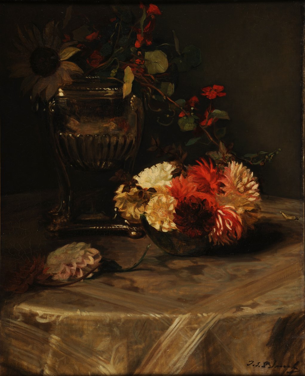Dalias y capuchinas con una urna de plata de Jacques Emile Blanche
