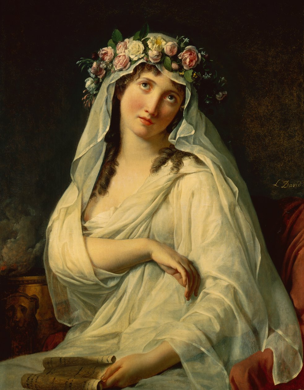 Una Virgen Vestal Coronada con Flores de Jacques Louis David