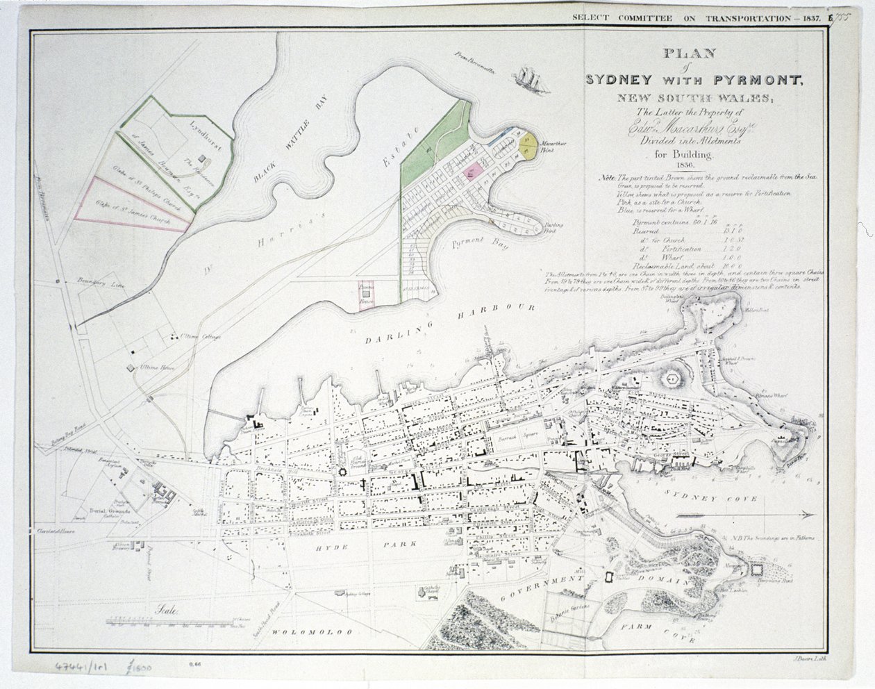 Plano de Sídney con Pyrmont, Nueva Gales del Sur, este último propiedad de Edward Macarthure Esquire dividido en lotes para construcción, 1836, publicado por James y Luke G. Hansard y Sons, Londres, 1837 de James Basire