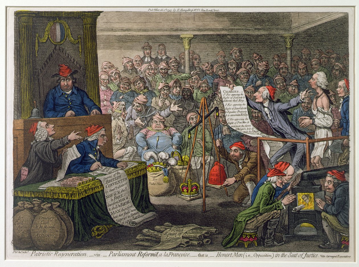 Regeneración patriótica, -Viz.- Parlamento reformado a la francesa, - es decir, hombres honestos (es decir, oposición) en el asiento de la justicia, publicado por Hannah Humphrey en 1795 de James Gillray