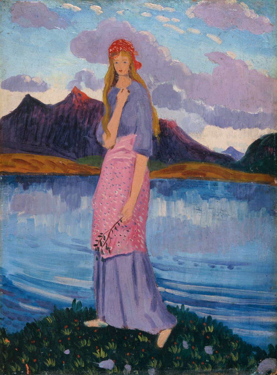 Niña de pie junto a un lago, 1911-12 de James Dickson Innes