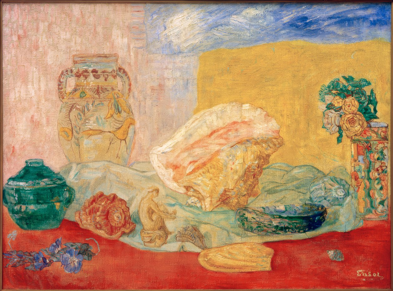 Conchas, rosas y jarrones de James Sidney Ensor