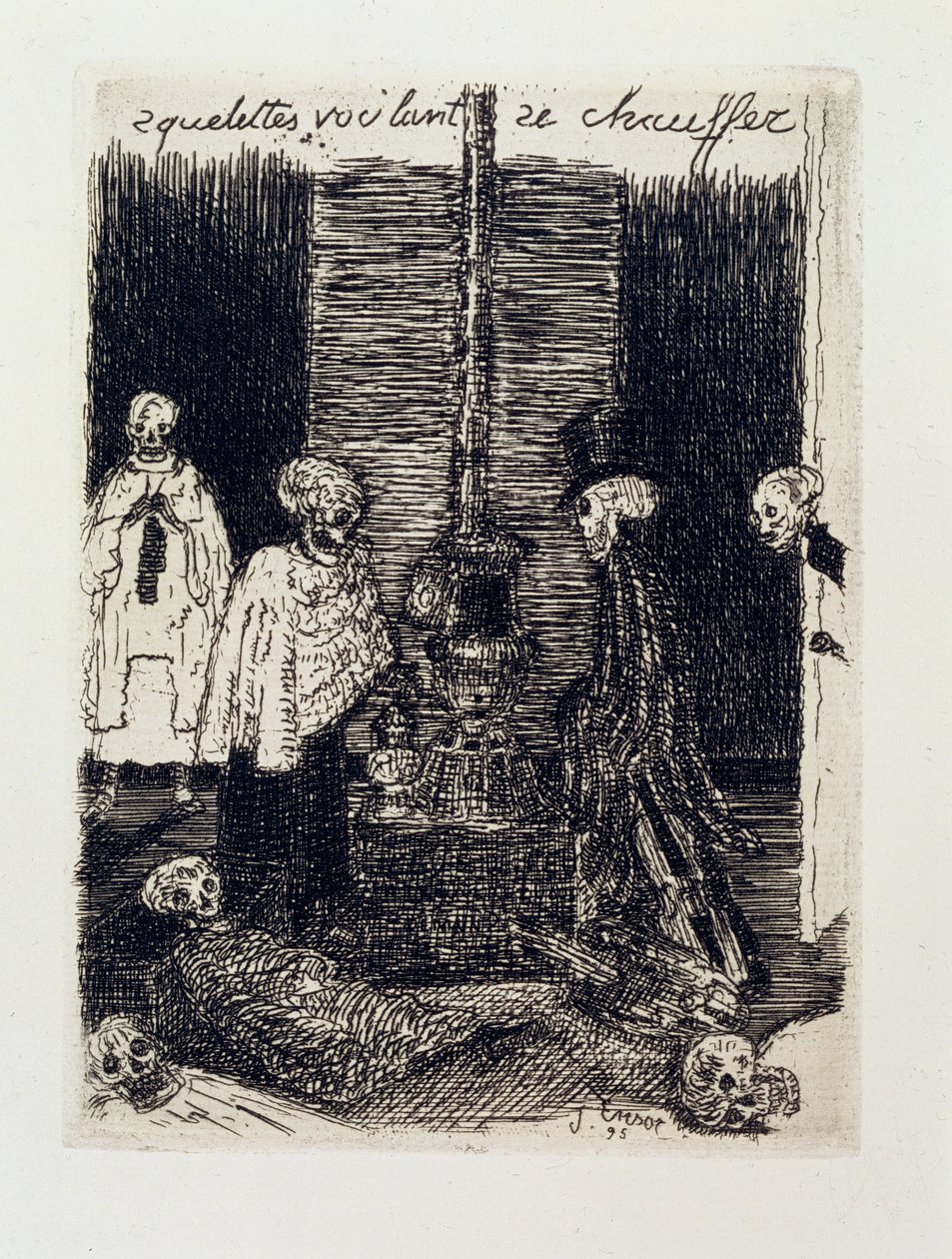 Esqueletos intentando calentarse de James Ensor