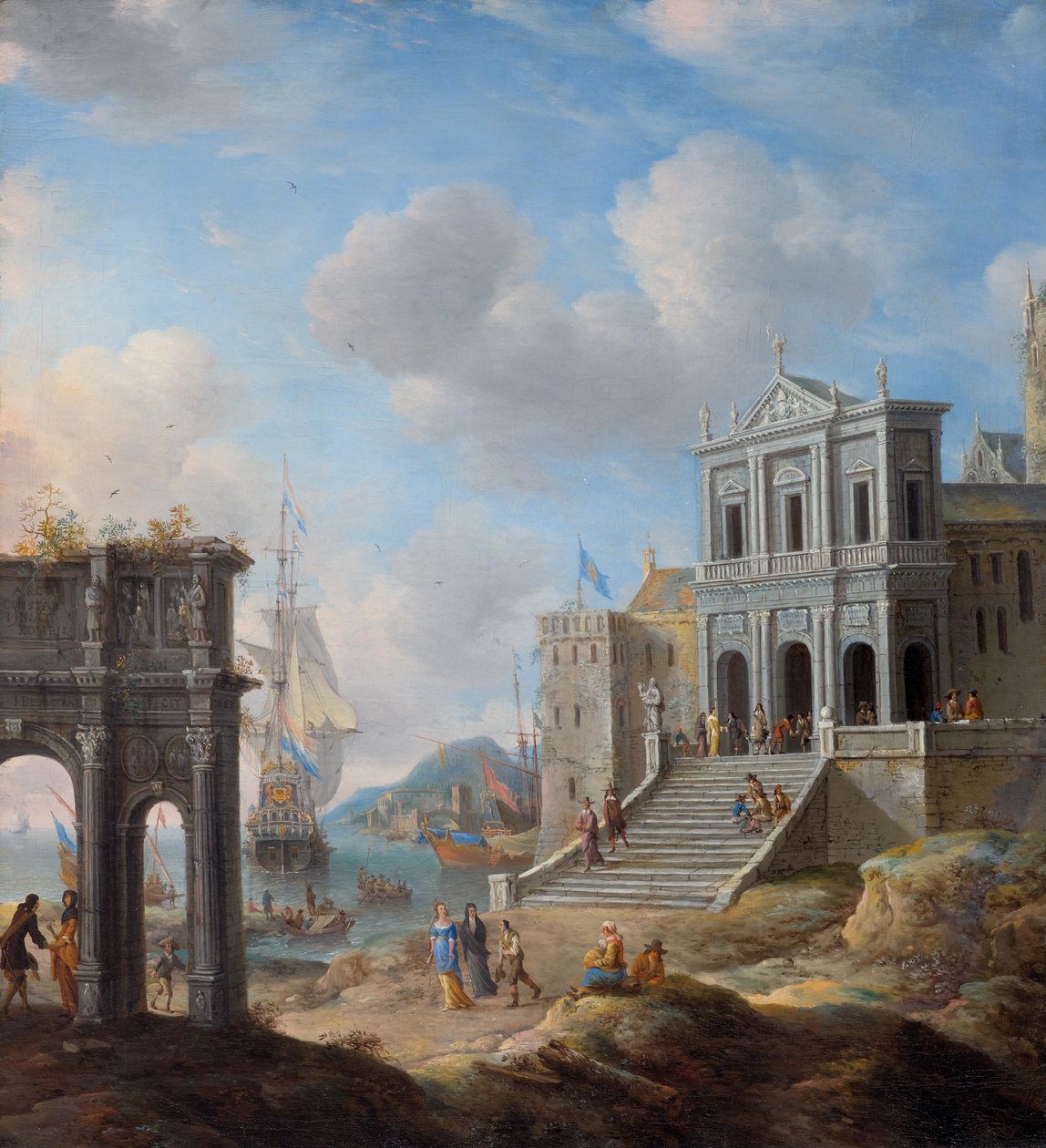 Capricho con el Arco de Constantino y la Iglesia de San Gregorio Magno al Celio junto a un puerto de Jan Abrahamsz. Beerstraten