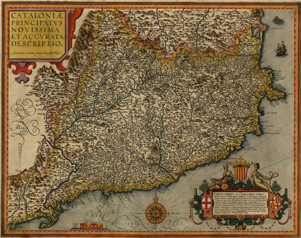 Mapa de Cataluña titulado Cataloniae principatus novissima et accurata descriptio impreso en Amberes en 1608 por Jan Baptist Vrients de Jan Baptist Vrients