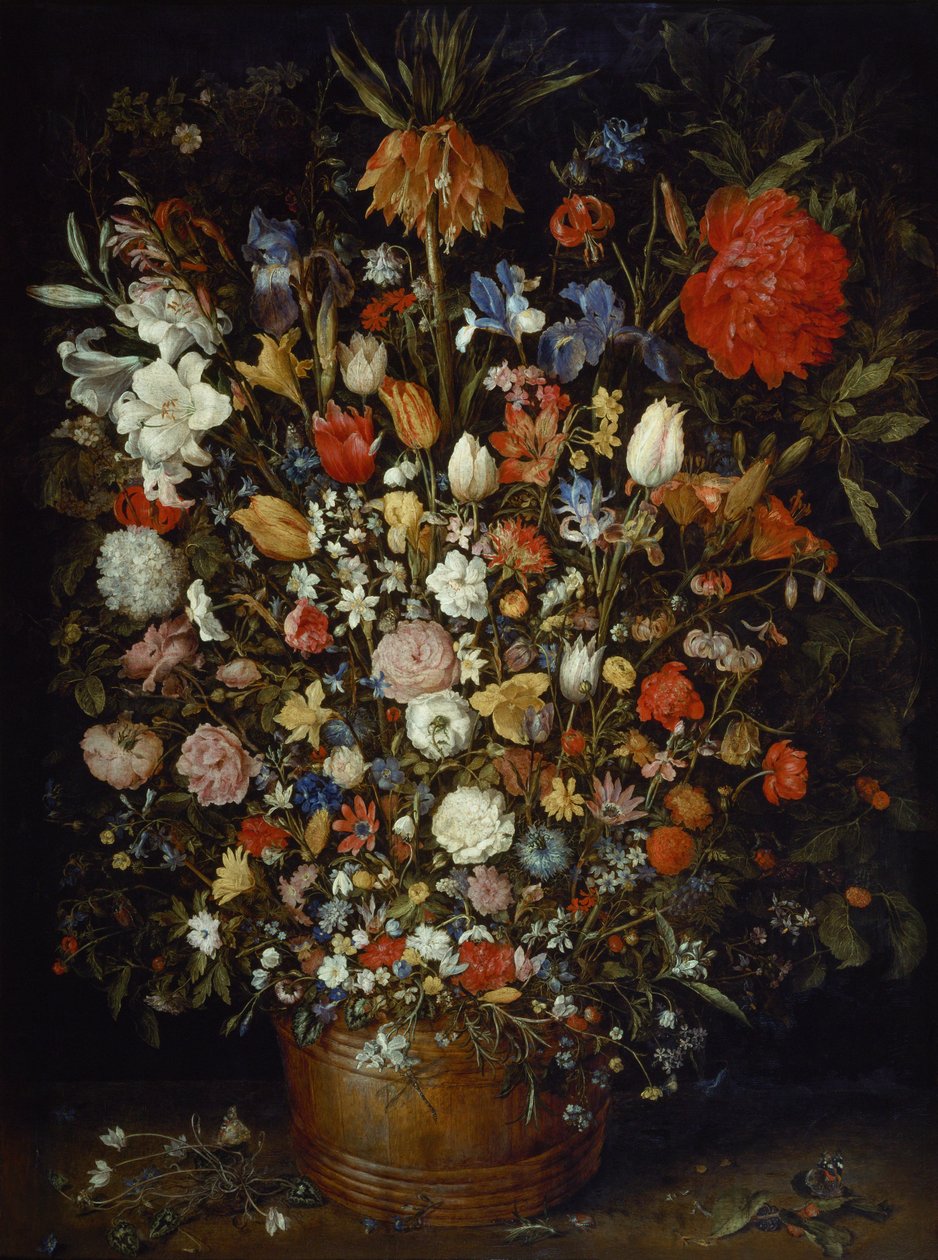 Flores en un recipiente de madera de Jan the Elder Brueghel