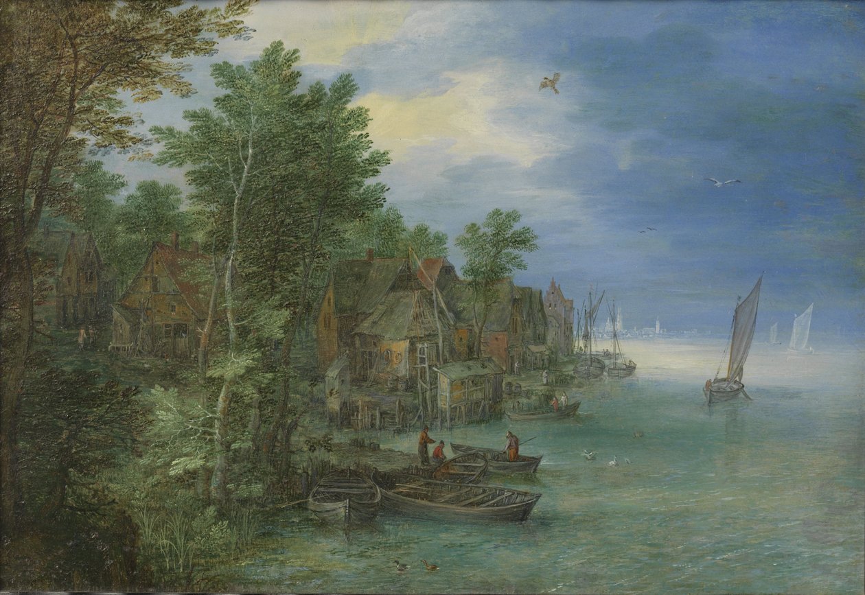Vista de un pueblo junto a un río de Jan the Elder Brueghel