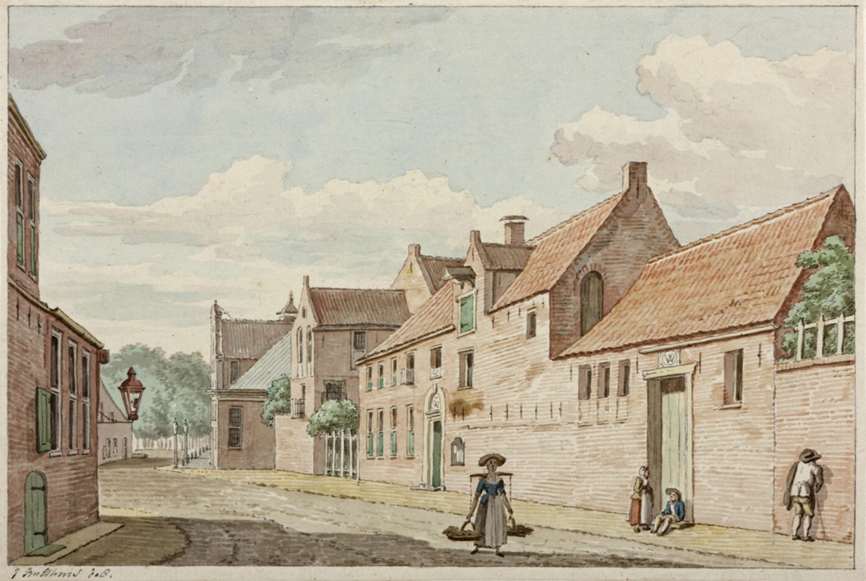 Munnekeholm con la casa de las Indias Occidentales a la derecha y el Aduardergasthuis en el fondo de Jan Bulthuis