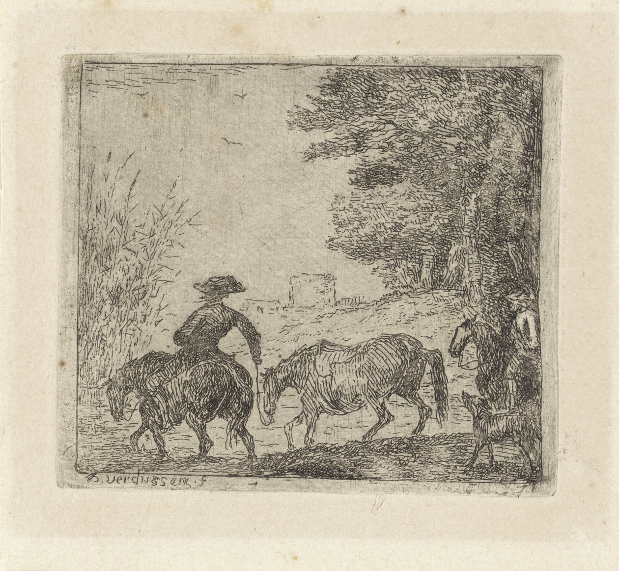 Jinetes con caballos en un vado de Jan Peeter Verdussen