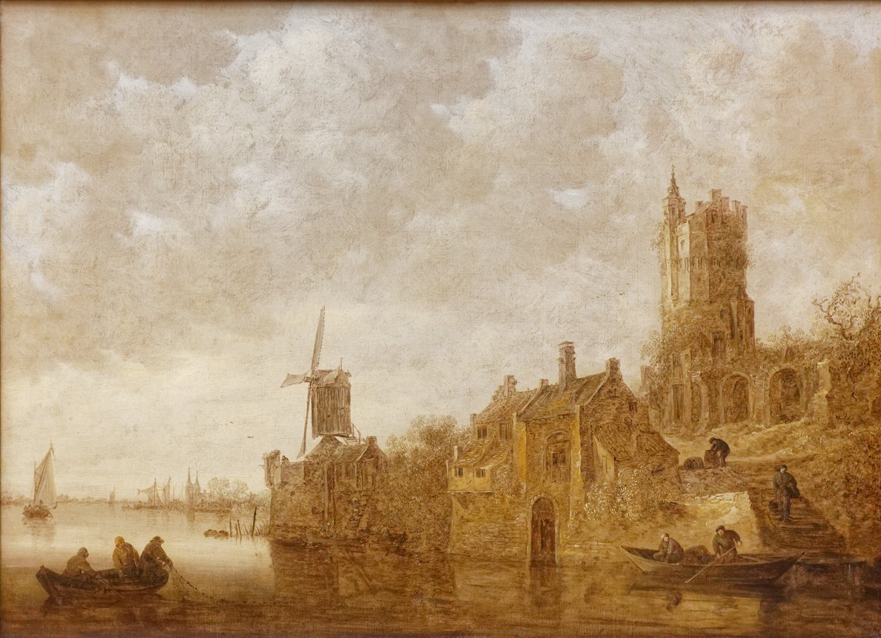 Paisaje fluvial con molino y castillo en ruinas de Jan Josephsz van Goyen