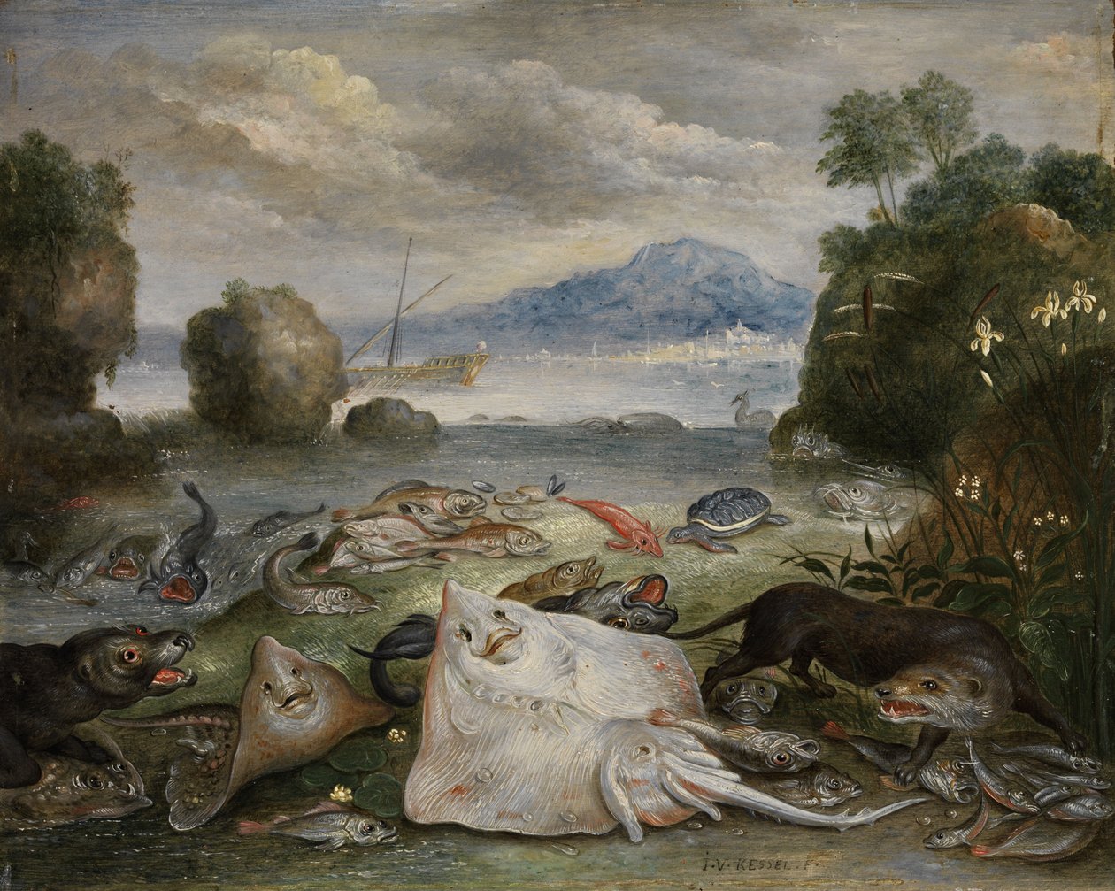 Animales marinos, peces y nutrias en la playa con vista a una bahía con velero y montaña en la distancia de Jan van Kessel the Elder