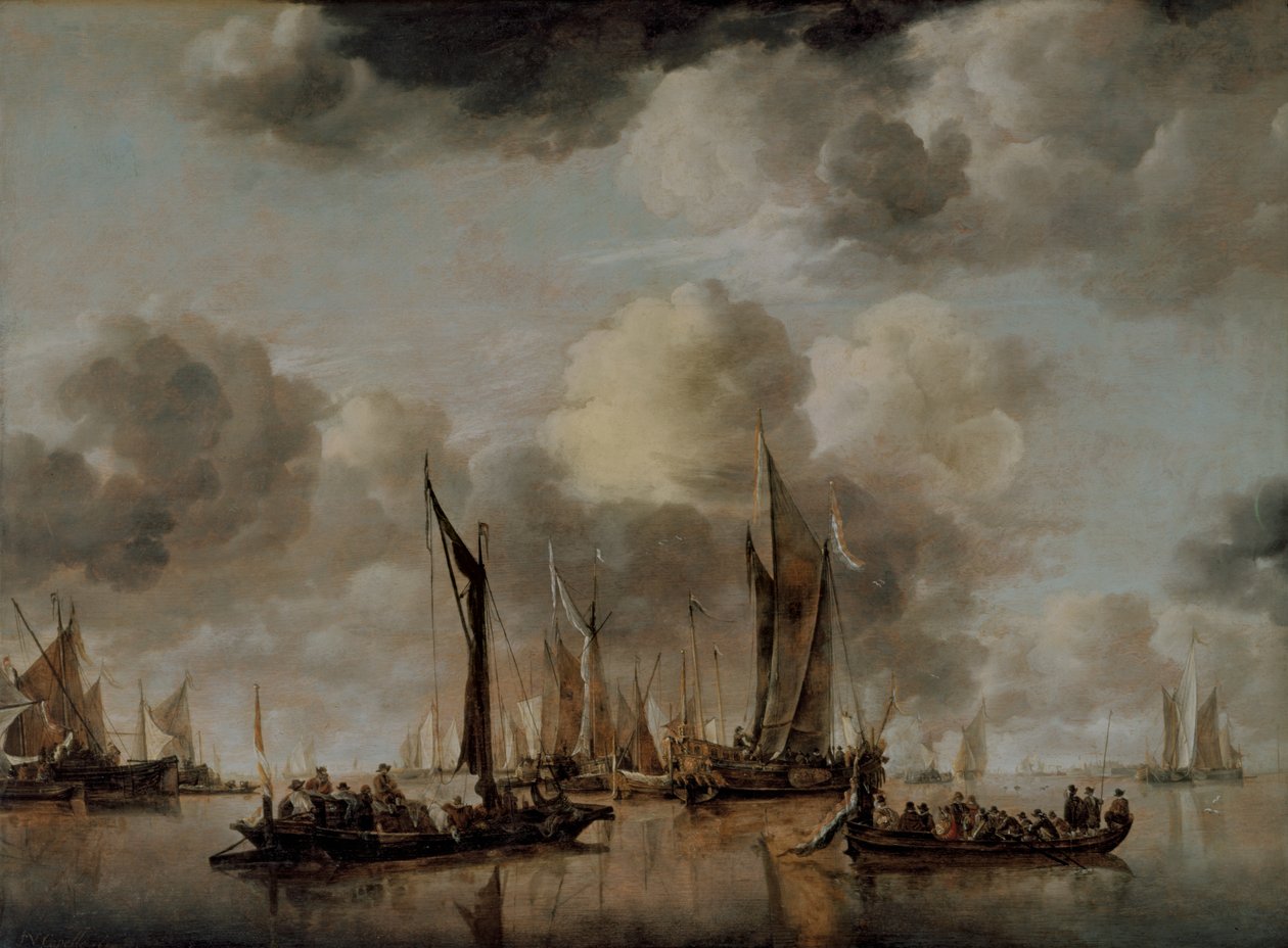 Un yate holandés disparando un saludo mientras una barcaza se aleja, 1650 de Jan van de Capelle or Cappelle