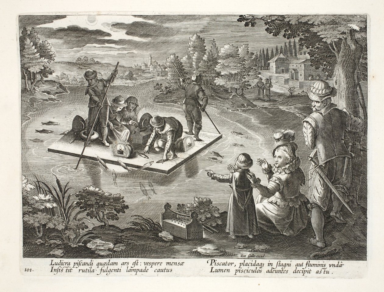 Pescando en un lago de noche, lámina 101, ilustración de 
