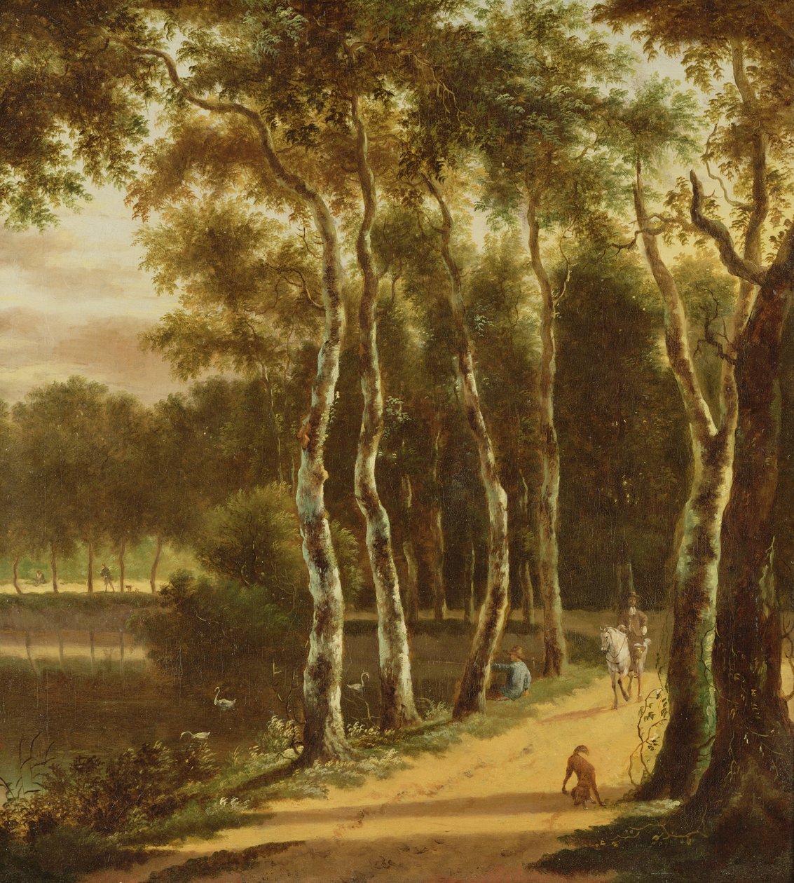 Una avenida de abedules junto a un río de Jan Hackaert