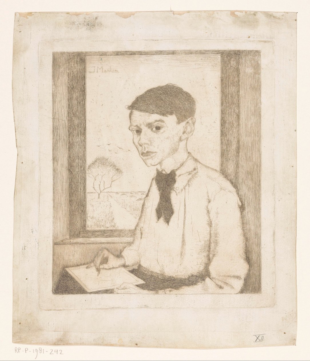Autorretrato dibujando en una ventana de Jan Mankes