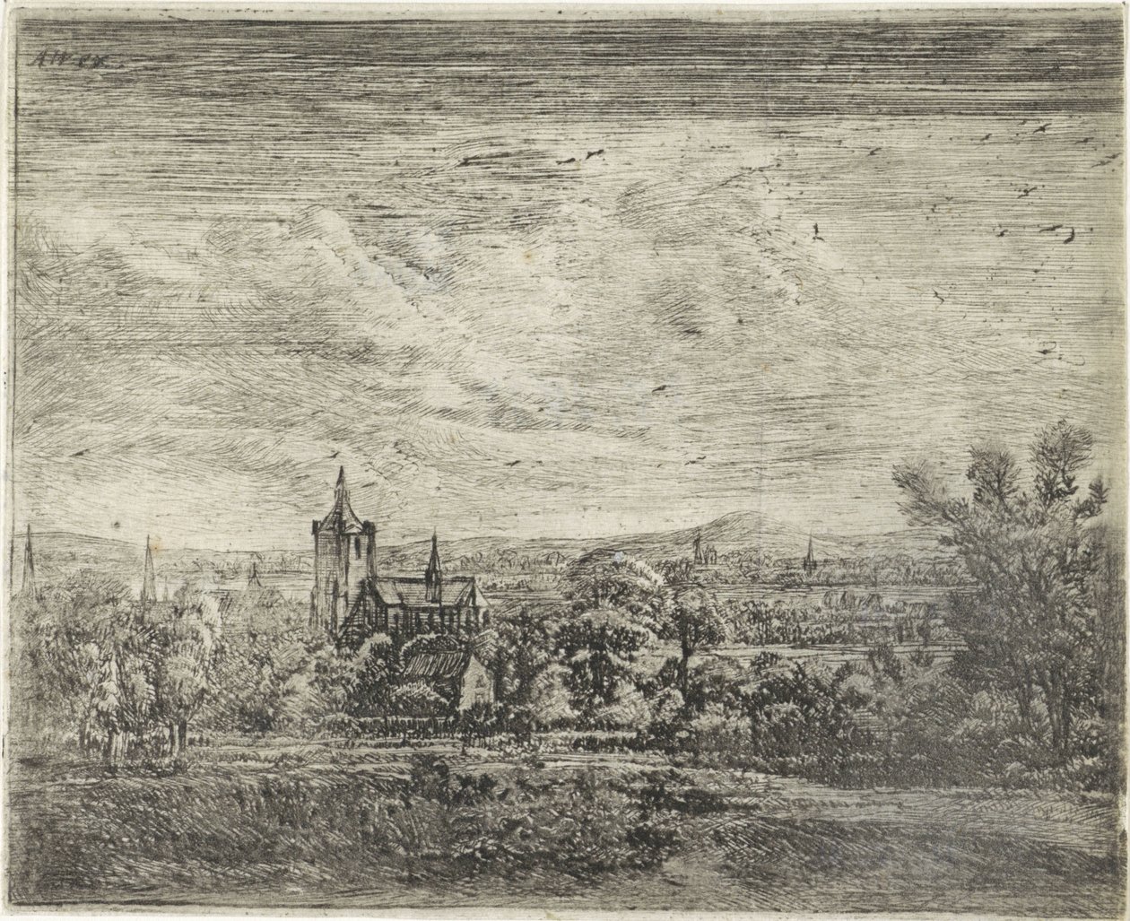 Vista del pueblo con una iglesia de Jan Ruyscher